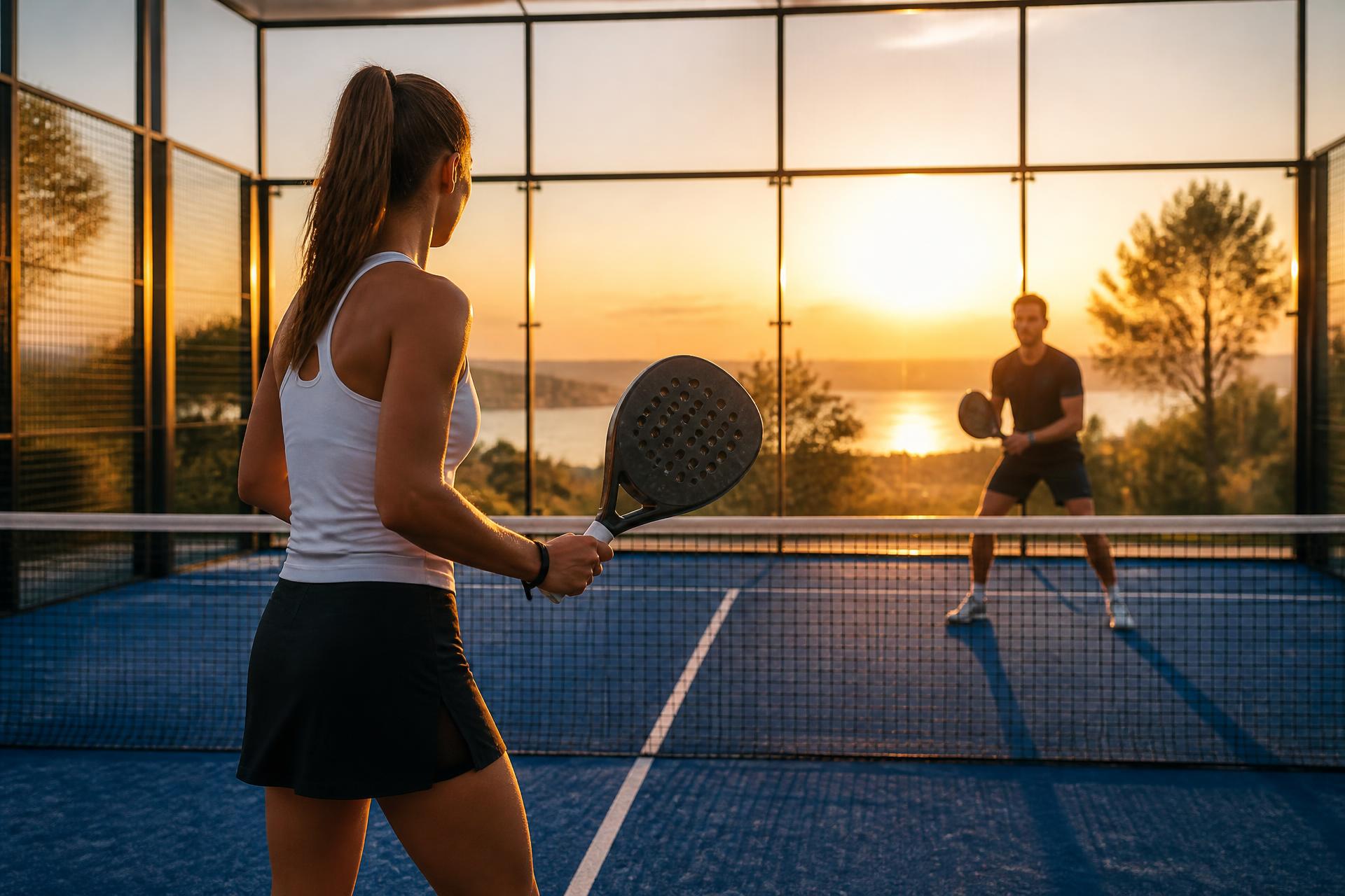 Padel players rallying at golden hour on a modern glass-walled padel court in Milan